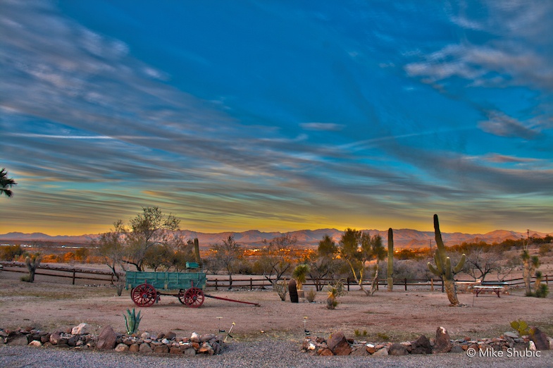 Wagon at sunset at Flying E Dude Ranch