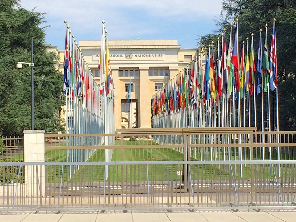 Front of UN in Geneva with flags