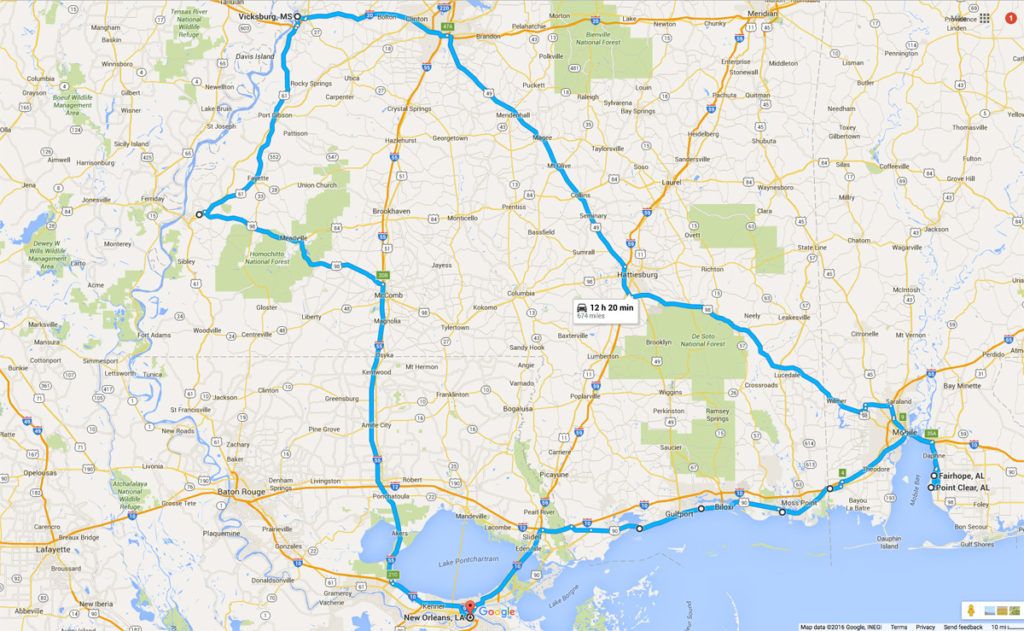 Road-Trip-map-of-the-South to Fairhope