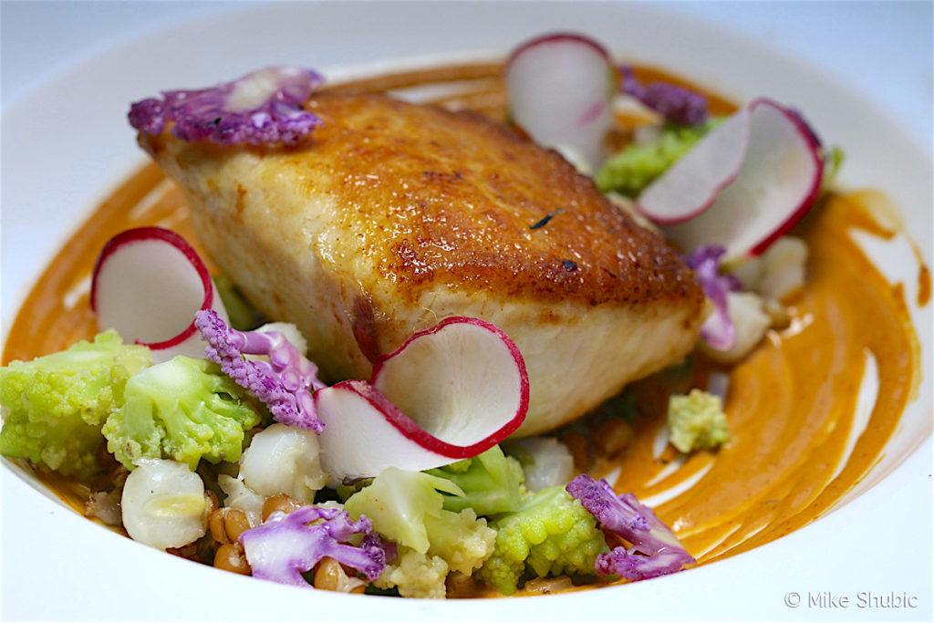 Swordfish - Purple & romanesco cauliflower, toasted farro, leek & garlic mote & smoked pasilla sabyon