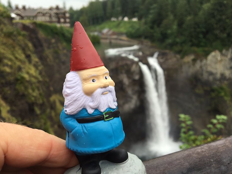 Travelocity Gnome at snoqualmie falls by MikesRoadTrip.com