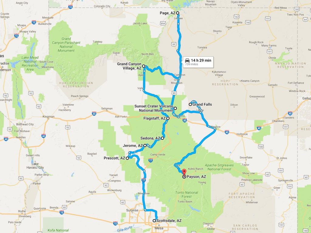 Northern AZ road trip map