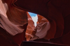 Antelope-Canyon-with-a-spot-of-blue-and-white-sky