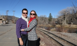 Couple near train tracks in Durango Couple near train tracks in Durango