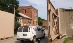 Car entering Galena, IL flood gate Car entering Galena, IL flood gate
