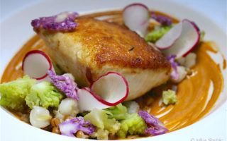 Swordfish - Purple & romanesco cauliflower, toasted farro, leek & garlic mote & smoked pasilla sabyon