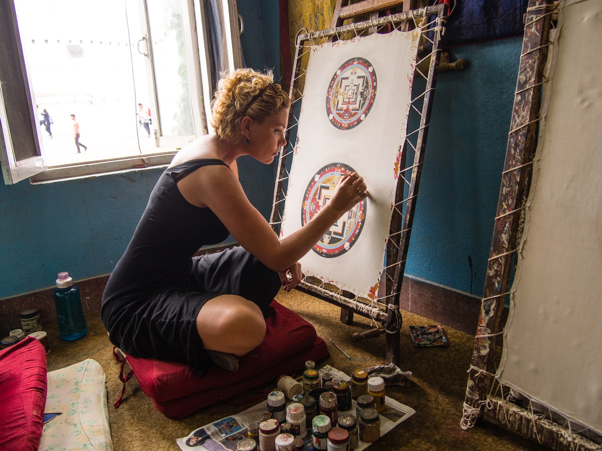 Dee Painting Mandalas in Kathmandu Nepal - MikesRoadTrip.com