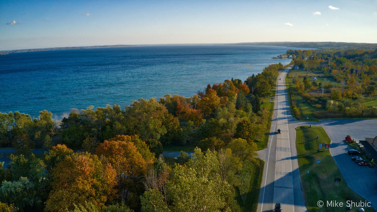 Aerial road shot in Traverse City, MI by MikesRoadTrip.com