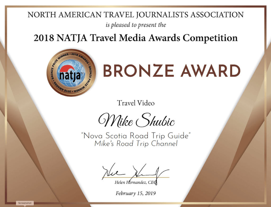 2018 bronze winner certificate for the NATJA Travel video catagory - Winner is Mike Shubic of MiikesRoadTrip.com