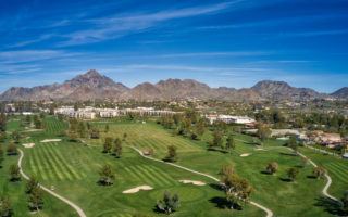 Camelback Mountain and golf course in front of AC Hotel Phoenix by MikesRoadTrip.com