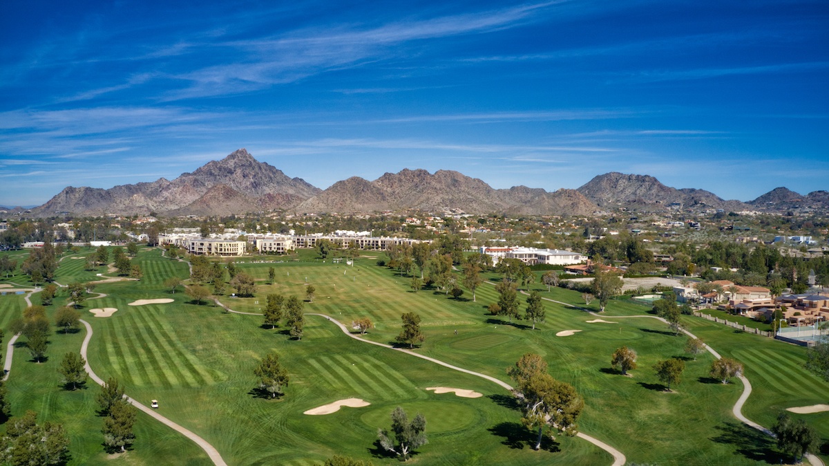 Camelback Mountain and golf course in front of AC Hotel Phoenix by MikesRoadTrip.com