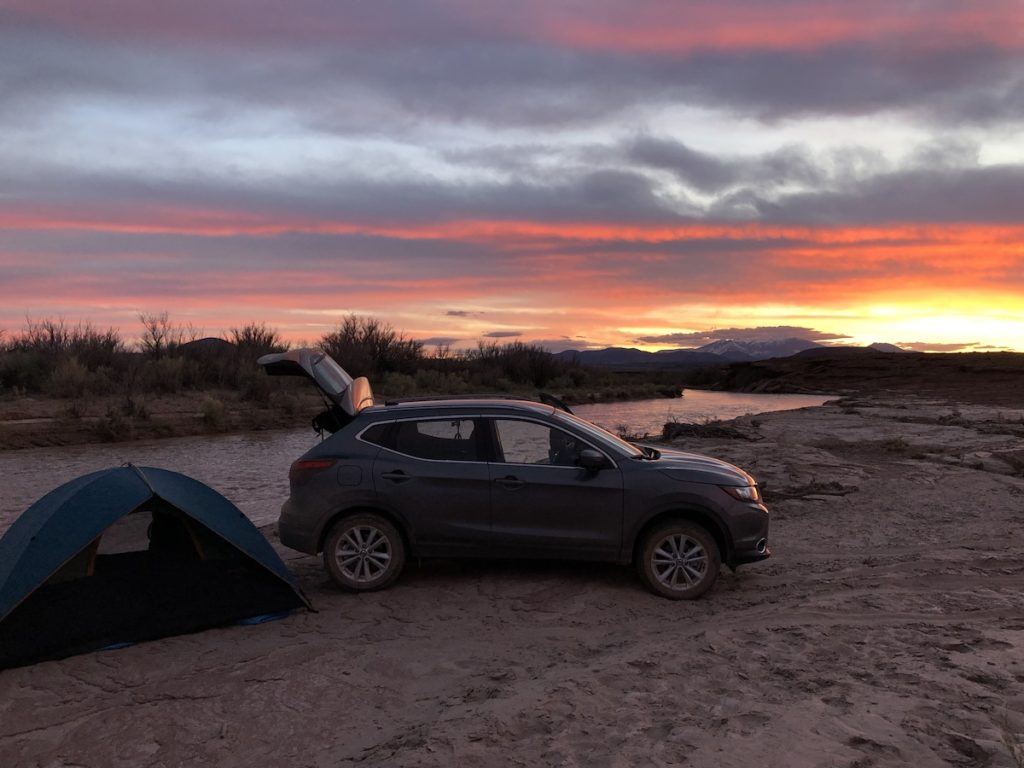 Nissan Rogue camping along Little Colorado River at sunset by MikesroadTrip.com