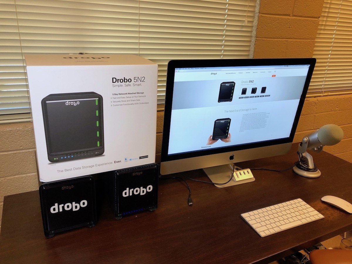 Drobo 5n2 with Drobo 5c next to computer