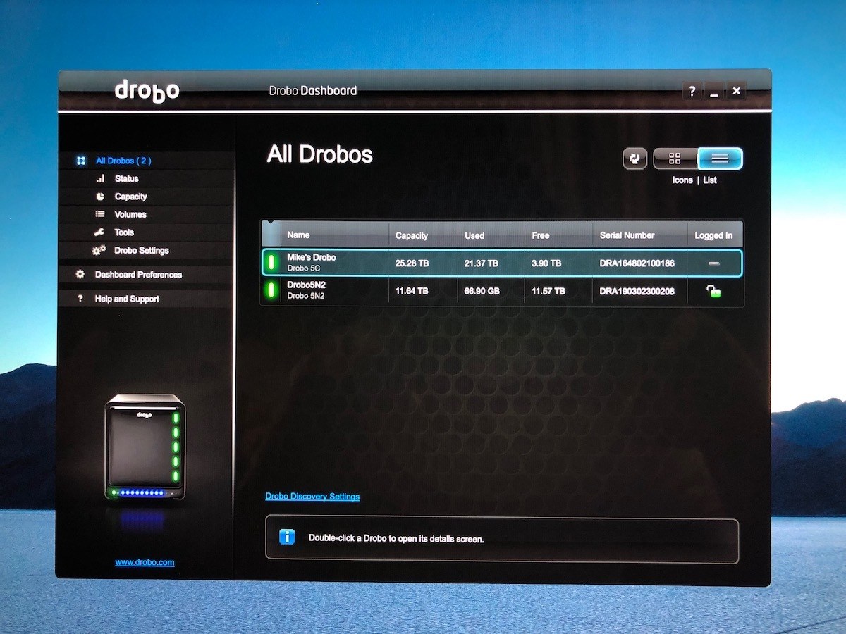 Drobo Dashboard with 2 connected Drobos