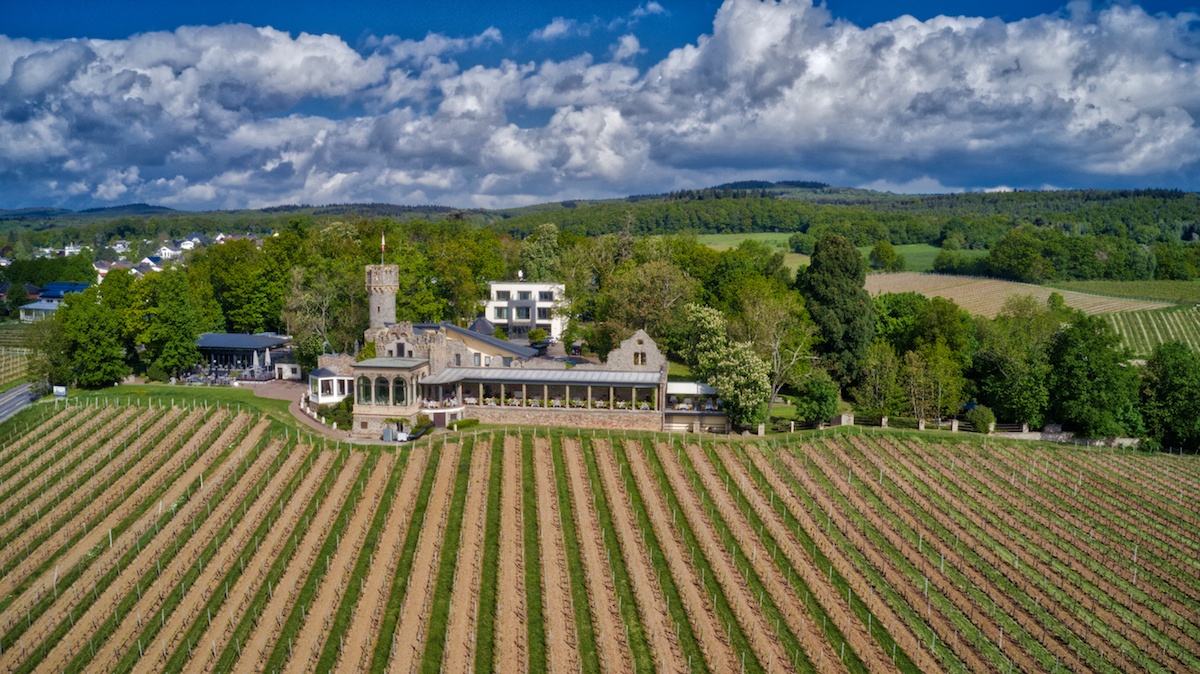 Hotel Burg Schwarzenstein aerial with vineyard - Photo by Mike Shubic of MikesRoadTrip.com