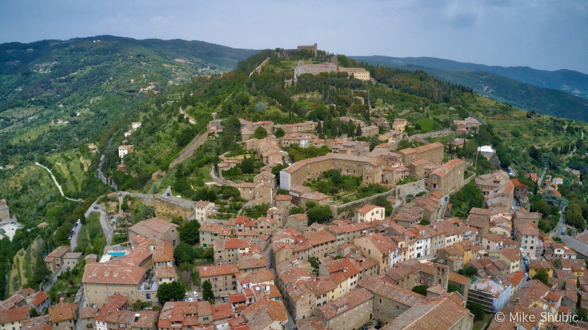 Tuscany hilltop village of Cortona. Aerial photo by MikesRoadTrip.com