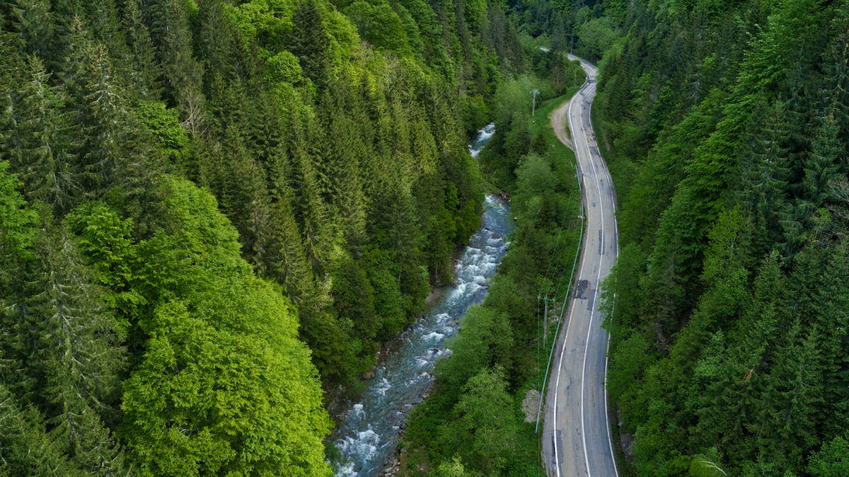 Road Trip Romania via Transfagarasan aerial south side with river