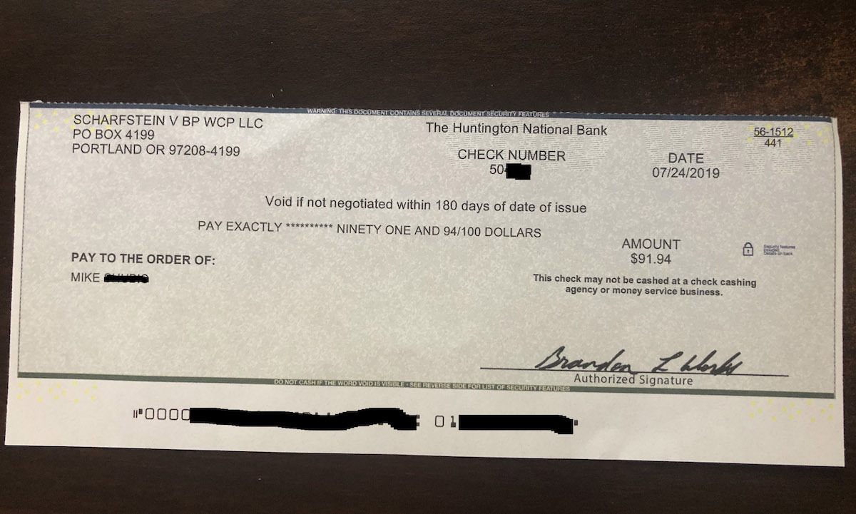 Check for $91.94 in the mail from Arco settlement 