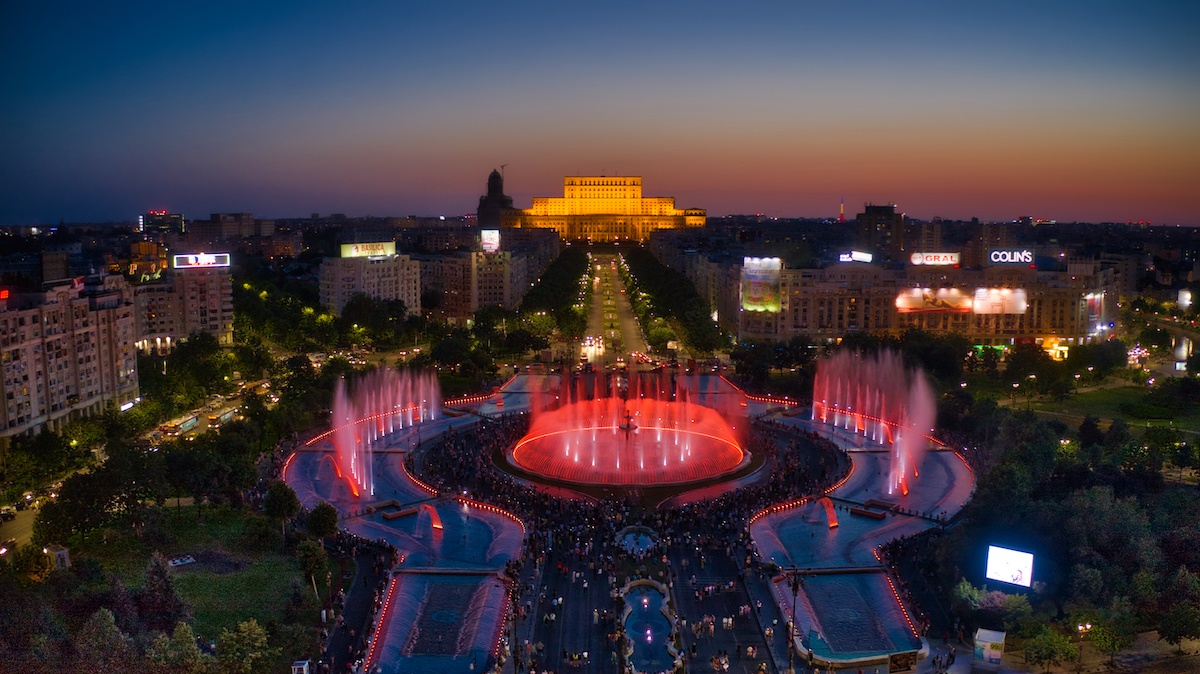 Bucharest Water Fountains and Peaple's House aerial by MikesRoadTrip.com