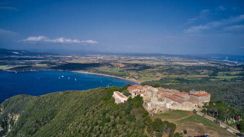 Castello di Populonia in Populonia Tuscany aerial photo by Mike Shubic of MikesRoadTrip.com