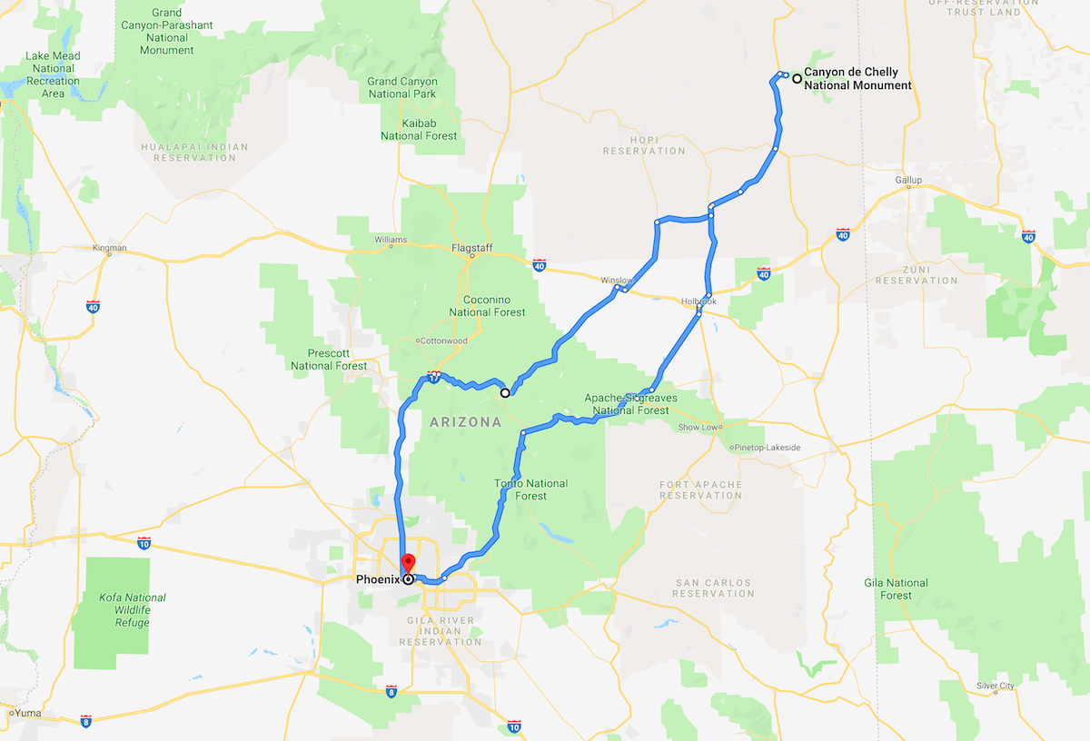 Road Trip from Phoenix to Canyon De Chelly map