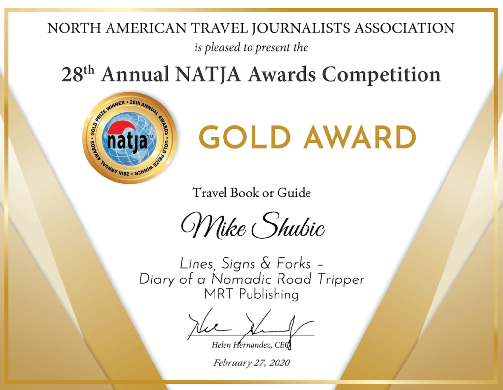 NATJA Gold Certificate for Mike Shubic for best Travel Book 2019