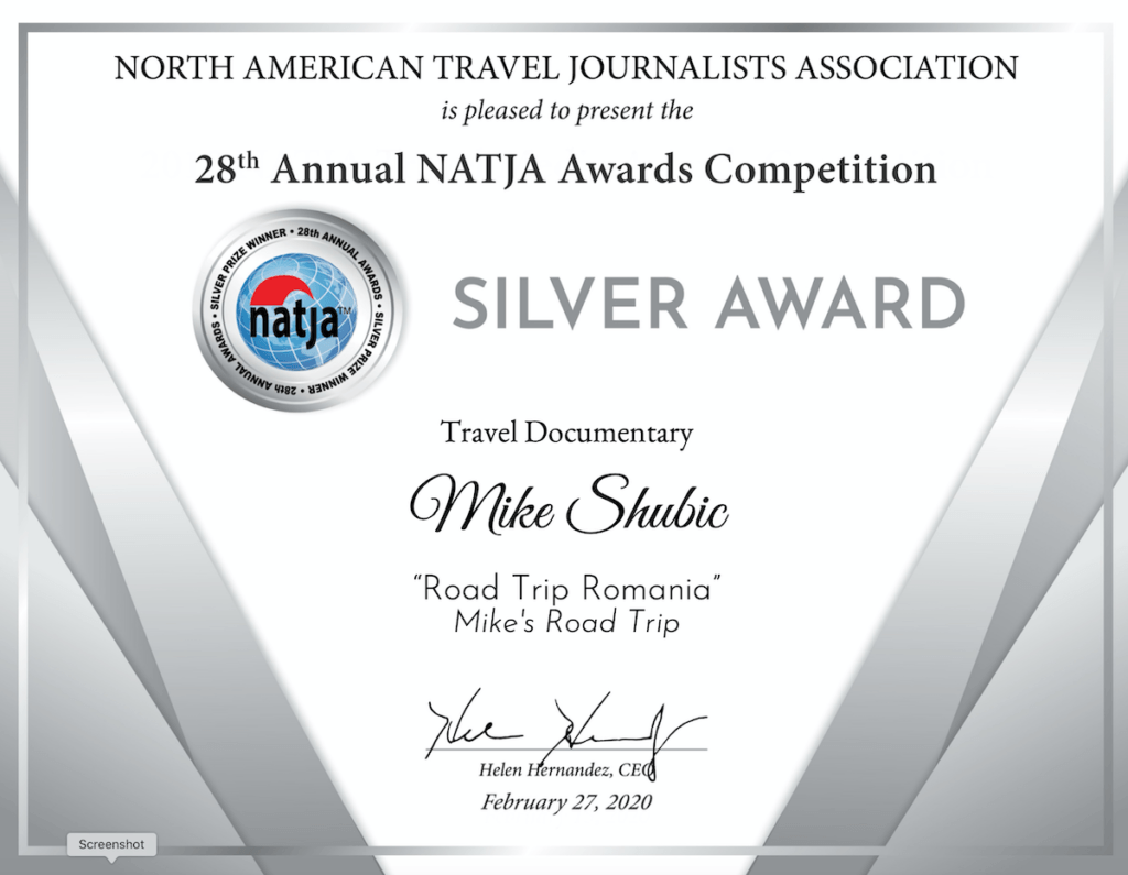 NATJA Silver Certificate award for Mike Shubic for the Travel Documentary 2019