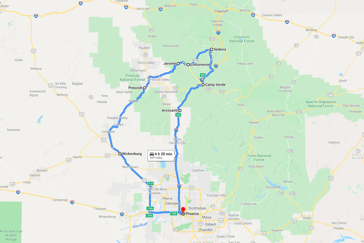 Phoenix to Sedona road trip map