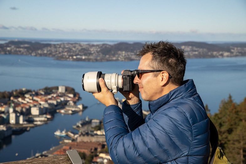 Mike of MikesRoadTrip.com in action filming in Bergen, Norway