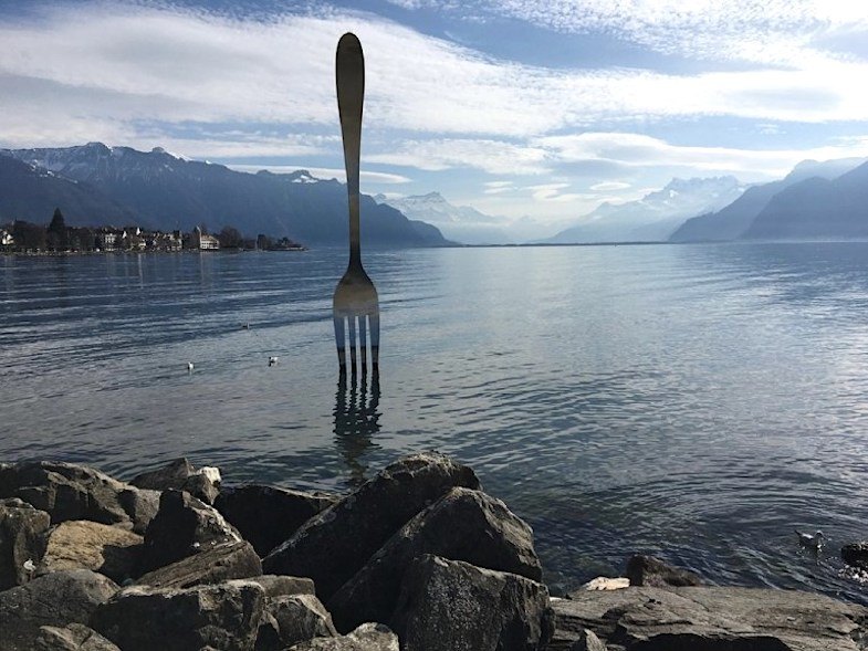 Fork of Vevey roadside attraction in Lake Geneva, Switzerland