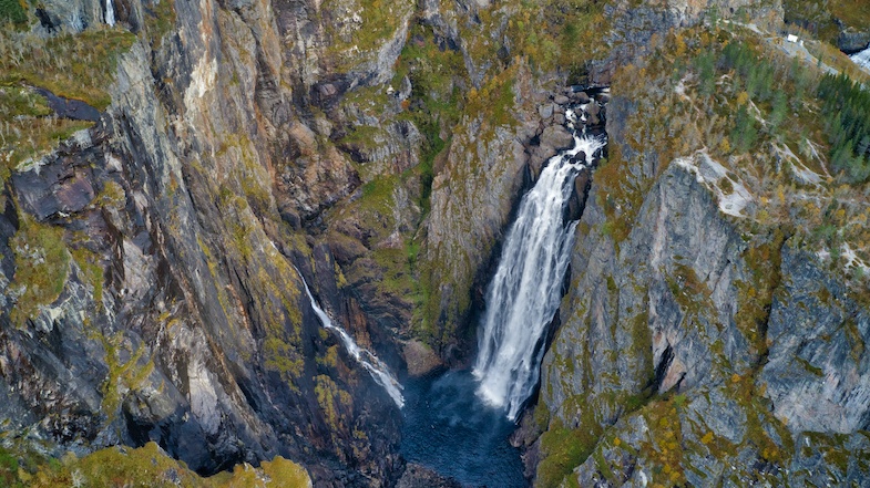 Waterfall in Norway aerial photo by MikesRoadtrip.com