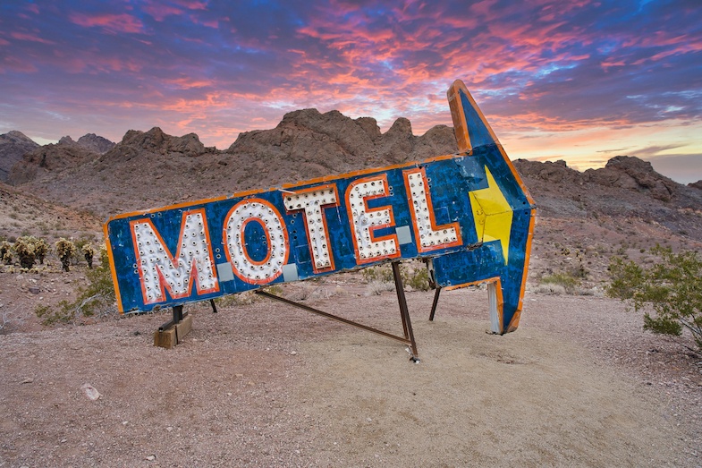 Motel sign at El Dorado Canyon Ghost Town in Nelson Nevada - Photo by Mike Shubic