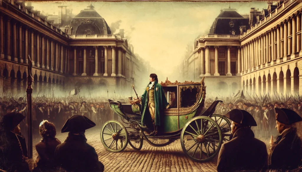 King Louis XVI outside of his green carriage in France. 