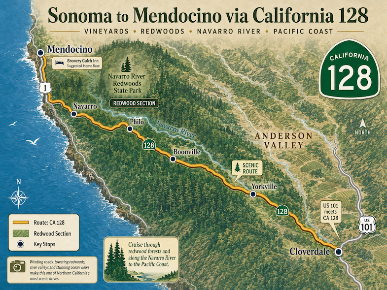 Sonoma to Mendocino via 128 map